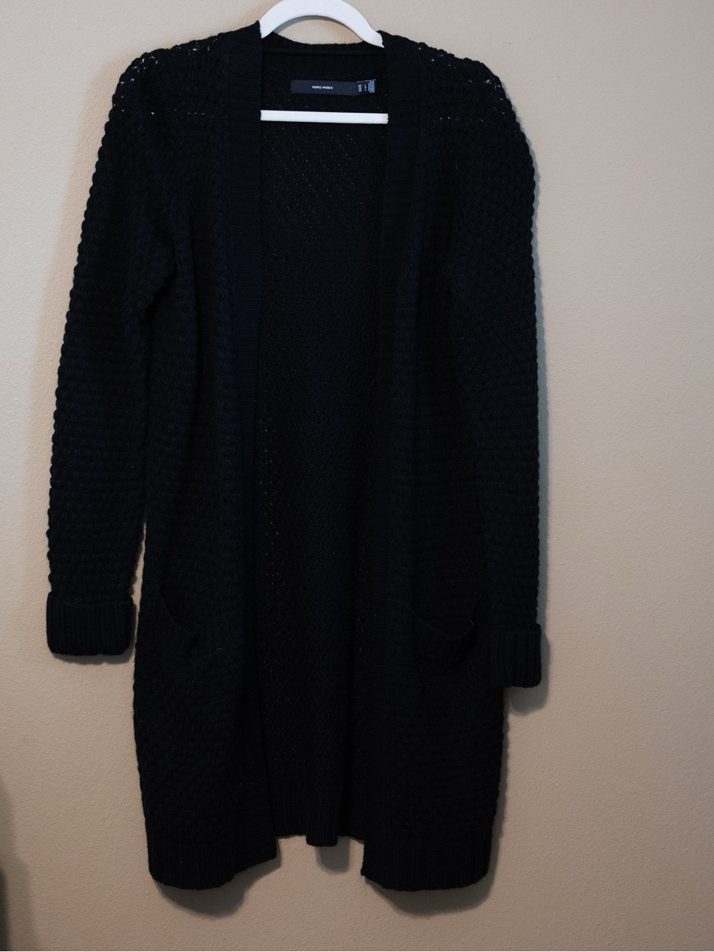 Vero Moda Black Open Front Knit Cardigan Large Longline Pocket Sweater